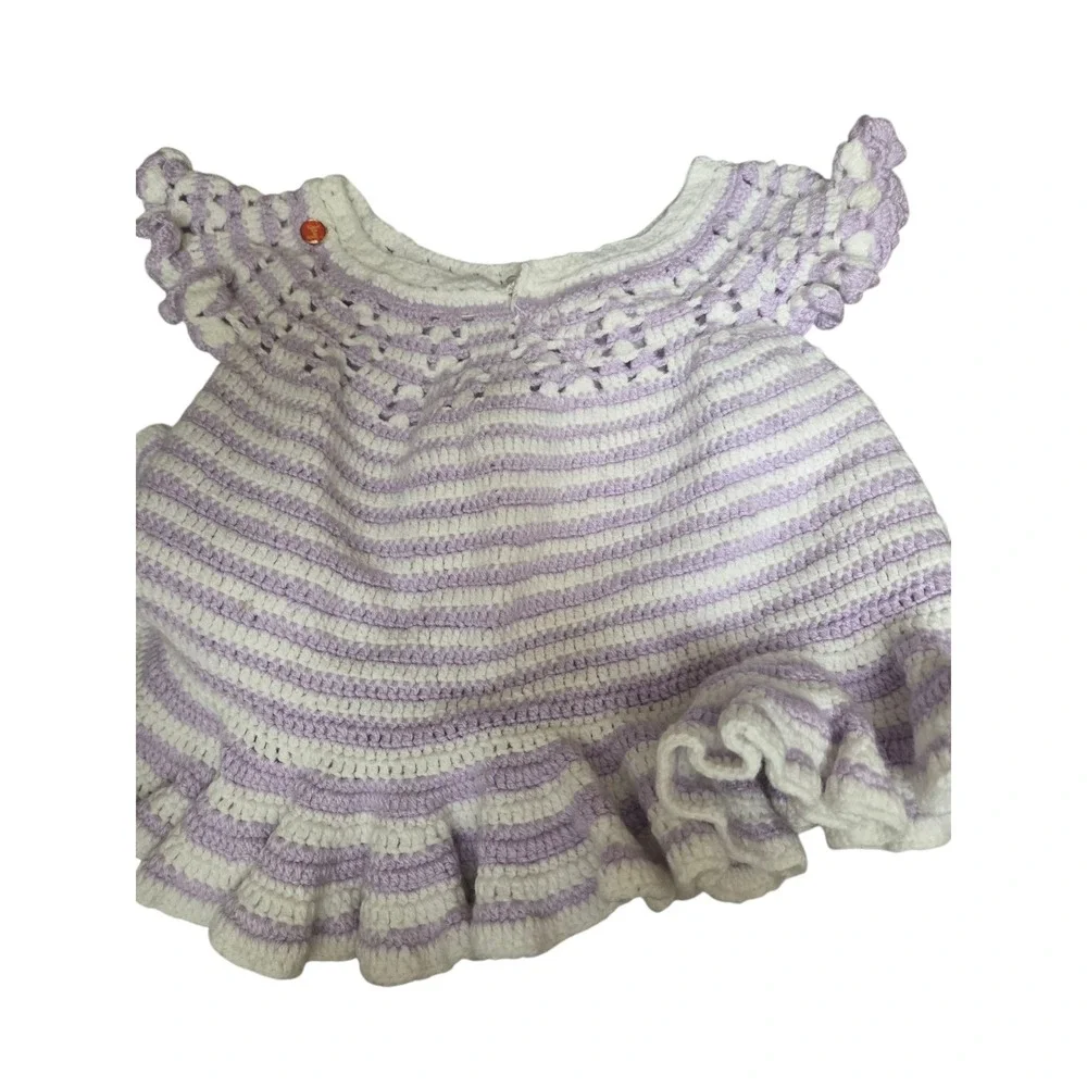 Crochet Handmade Baby Dress Sleeveless Purple White Striped with Buttons‎